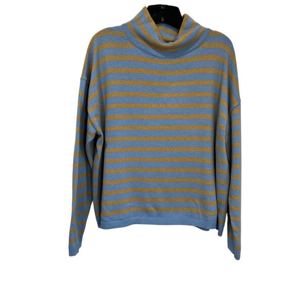 Talbots Metallic Stripe Turtleneck Sweater L Blue Tan Knit Winter Classic Preppy - Picture 2 of 9